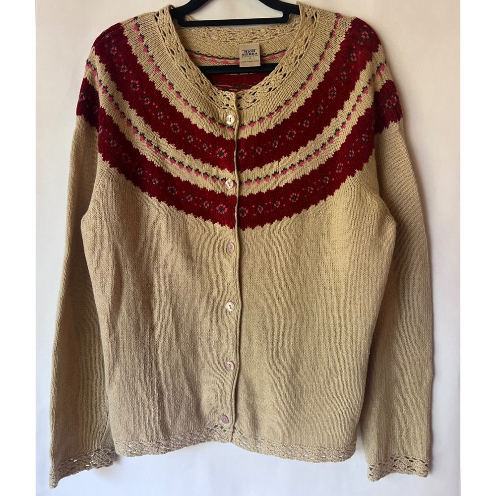 Vintage‎ High Sierra Women's Fair Isle Knit Cardigan Sweater Beige Red M